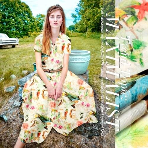 140cm wide13.5mm beautiful birds print silk linen fabric for summer shirt dress a little transparent and hard fabric D126
