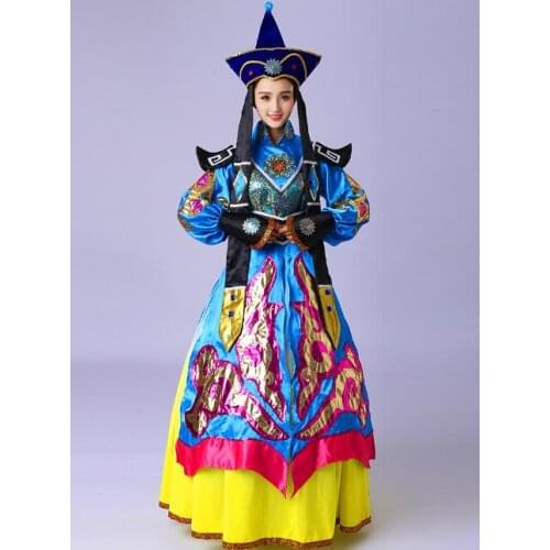 Blue Mongolian costume dance clothes Women Ancient princess dress Stage performance
