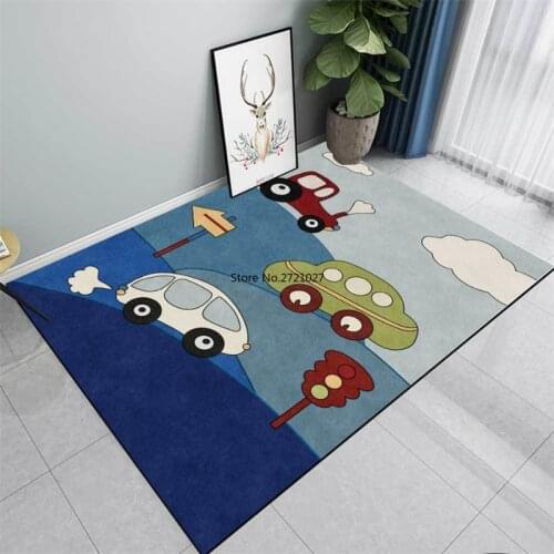 Childrens Room Modern Cartoon Cute Blue Car Carpet Boy Room Bedside Mat Boy Bedroom Anti-skid Machine Washable Floor Mat