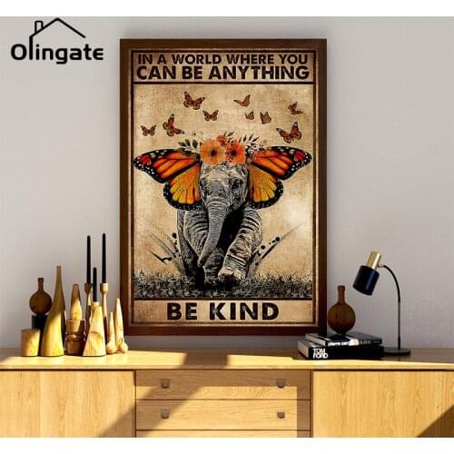 Retro Butterfly Elephant Canvas Poster Vintage Prints Be Kind Mental Health Canvas Painting One Piece Art Pictures Wall Stickers