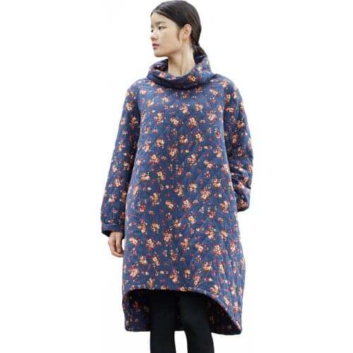 Spring Autumn Dresses Women Midi Dress Small Flower Thin Cotton Quilt Winter Dress Long Sleeve Robe Retro Vestidos Jurken Elbise