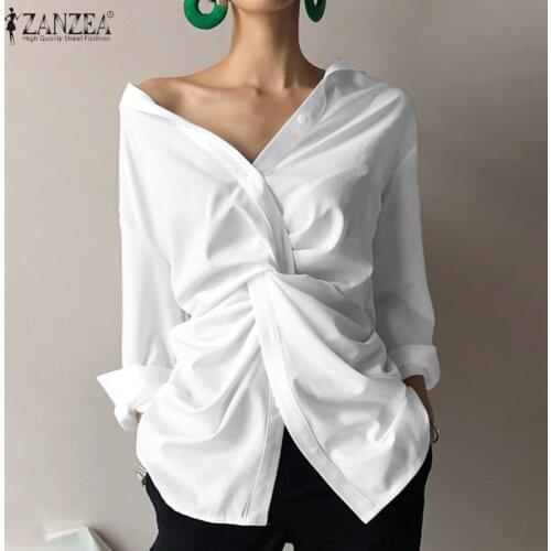 ZANZEA Fashion Womens Asymmetrical Blouse Casual Long Sleeve Shirts Female Lapel Tops Summer Blusas Tunic Tops