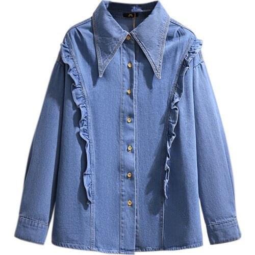 New Plus Size XXL-6XL Denim Shirt Top Women Spring Autumn Single-Breasted Long Sleeve Ruffle Jeans Blouse Casual Oversize KW1063