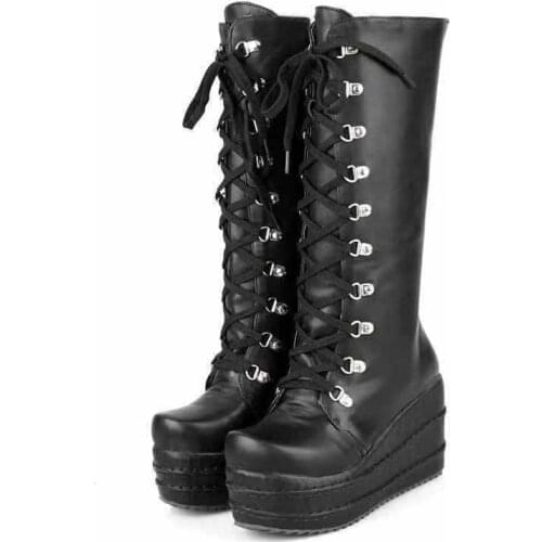 Big Size 43 Black Gothic Style Cool Punk Motorcycles Boots Female Platform Wedges High Heels Calf Boots Winter Women Shoes