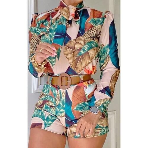 Elegant Print Shirt Women Two Piece Sets Fashion Office Lady Blouse Tops And Sashes Shorts Suits Summer Outfits Streetwer