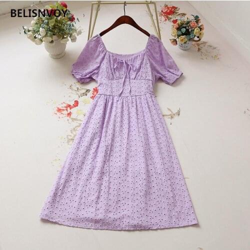 White Purple Elegant Lace Hollow out Midi Dress Vintage Square Collar Mori Girl Elegant Party Vestidos Casual Holiday Lady Dress