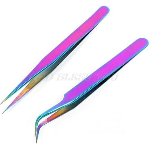 1Pcs Stainless Steel Straight Curved Eye Lashes Tweezers Rainbow Colored False Fake Eyelash Extension Nippers Pointed Clip Tool