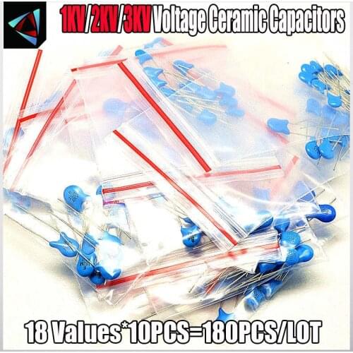 180PCS 18 ValuesX10pcs 1KV 2KV 3KV 22pf~22nf Capacitance Kit High Voltage Ceramic Capacitors Assortment Assorted Kit