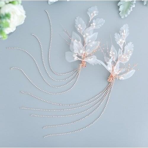 2PCS/set Handmade Rhinestones white Yarn Leaf Wedding Hair Clip with long tassel Barrettes Bridal Headpiece Hair accessories