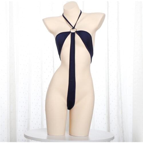 2021 Women Lingerie Sexy Hanging Neck Lace String Metal Ring Open Back Beach Sun Bath Swimwear One Piece Swimsuit Lingerie Set