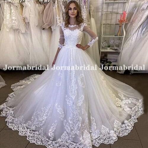 3/4 Sleeve Applique Wedding Dress Sparkly Glitter Modest Puffy Ball Gown White Bride Dresses Lace Up With Buttons Back Vestidos