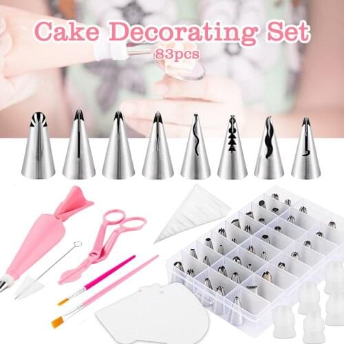 83 Pieces Home Pastry Cake Decoration Tool Kit Baking Set Stainless Steel Ice Piping Nozzle Pastry Bag Fondant Coloring Utensils