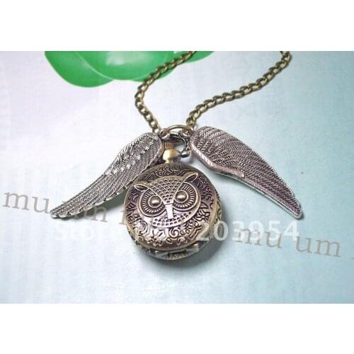 Free Shipping Wholesale 10pcs/lot Fashion Jewelry Necklaces Bronze Harri Owl Steel Wings Quartz Pocket Watches Womens Mens 2017