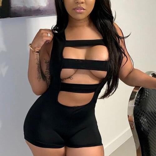 BKLD Skinny Hollow Out Solid Bodycon Slim Fit Playsuit 2021 Hot Summer Fashion Women Casual Sleeveless Romper Short Biker Shorts