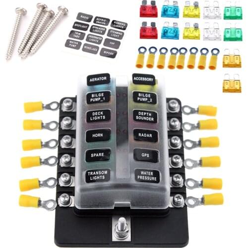 12 Way Blade Fuse Box Holder Fuse Blocks with Red LED Indicator 10Pcs Fuses Terminals for Car Boat Marine Caravan Truck 12V 24V