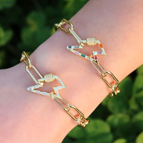 Gold Carabiner Lock Lightning Bolt Chain Bracelet for Women Cubic Zirconia Copper Punk Statement Jewelry Party Gift brs04