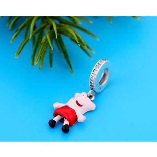 Fit Original Charm Bracelet 925 Sterling Silver Cute Little Pig Red Enamel SKirt Pink Face Bead For Making Women Berloque 2021