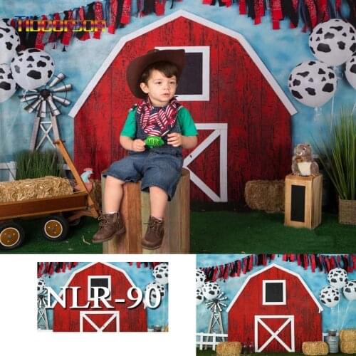Kids Birthday Photoshoot Background Vinyl Red House Door With Curtain Ballons Photography Backdrop Photocall Anniversaire