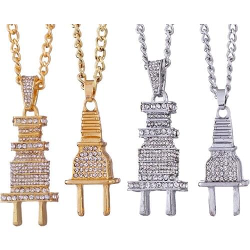Women Mens Hip Hop Bling Plug Pendant Necklace Gold Silver Plated Charms Micro Pave Full Rhinestone Jewelry Necklace Choker