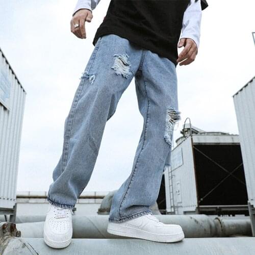 European American Street Style Fashion Men Jeans Loose Fit Retro Blue Destroyed Ripped Jeans Men Hip Hop Wide Leg Pants