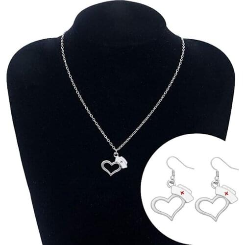 European And American Doctors And Nurses Peach Heart-shaped Nurse Hat Pendant Earrings Simple Creative Medical Staff Necklace