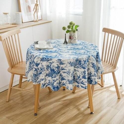 150CM Blue Printed Round Table Cloth Living Room Dining Room Cotton Linen Tablecloth Picnic Mat Nordic Home Fabric Decoration