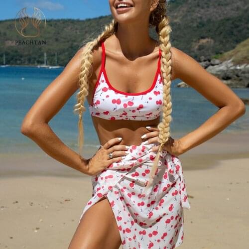 Peachtan Bandeau swimwear female Print swimsuit women Low waist bikini 2021 String bathing suit Skirt 3 pieces set summer new