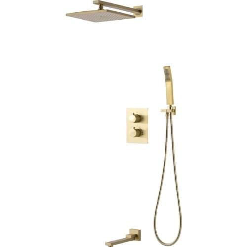 Brushed gold Thermostatic Bath Shower Faucets Kit 3-way Thermostatic Embedded box Swivel Tub Spout Black Shower Faucet