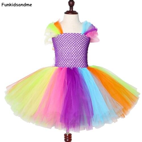 Sweet Rainbow Candy Girls Tutu Dress Handmade Fluffy Cute Colorful Tulle Dress Kids Birthday Party Dresses for Girls Clothes