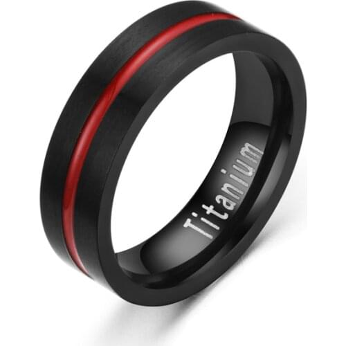 6/8mm Black Stainless Steel Couple Ring with Red Stripes Vintage Mens Titanium Steel Wedding Rings Band for Men Women Anillos