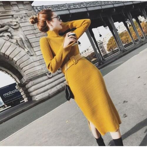 New women dress multicolor knitted high-necked long-sleeved female dress autumn winter long slim one-step dress womens top
