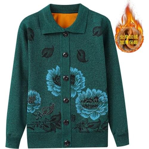 Autumn Women Knitted Sweater Cardigan Jacket 2021New Print Plus size Middle-aged Female Cardigan Plus Velvet Winter Sweater Tops