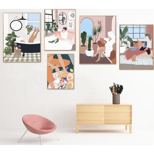 Cactus Reading Girl Bathroom Illustration Wall Art Canvas Painting Nordic Posters And Prints Wall Picture For Living Room Decor
