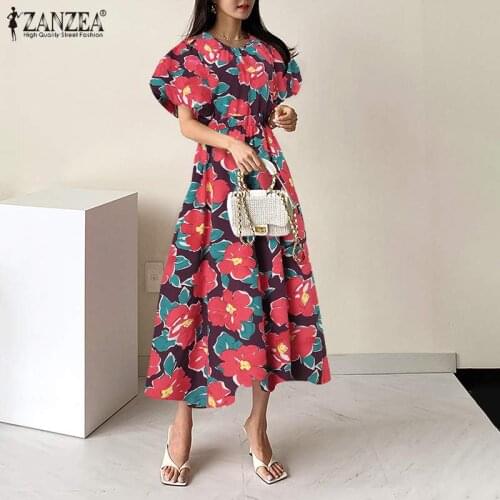 ZANZEA Womens Floral Dress Stylish Summer Printed Sundress Casual Puff Sleeve Midi Vestidos Female O Neck Pleated Robe Femme