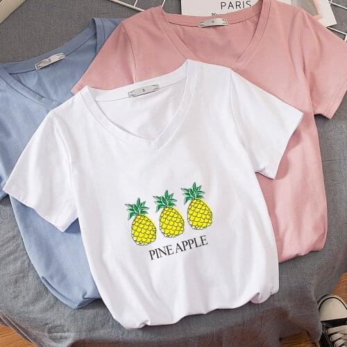 Pineapple Fruits Clothing Women T Shirt Summer Tee Top V Neck Womens Shirts Casual Cotton Short Sleeve Plus Size Camisas Mujer