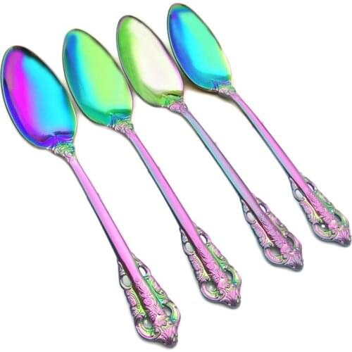 Luxury Stainless Steel Elegant Rainbow Soup Spoon Dessert Spoon Carving Handle Sharp Spoon Court Style Dinnerware Set 4pcs/Set