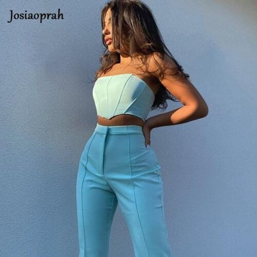 Josiaoprah Crop Top Two Piece Set Women Strapless High Waist Trousers 2 Piece Set Spring Summer Long Pants Suit Tracksuit
