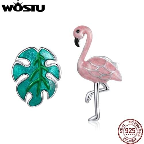 WOSTU Real 925 Sterling Silver Flamingo and Leaf Stud Earrings Cartoon Animal Earrings For Women Fashion Silver Jewelry CQE1124