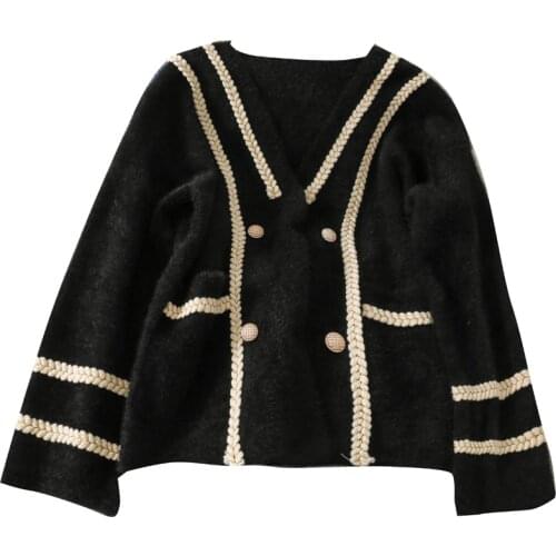 Autumn double-breasted new retro loose bright silk striped V-neck long-sleeved sweater women