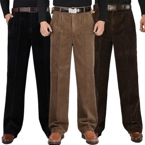 Winter Mens Cashmere Casual Pants Mens Cotton Corduroy Double Pleated High Waist Loose Thick Pants More Size 30-44 46