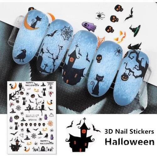 1 Sheet Halloween Nail Art 3D Stickers Nail Decals for Adhesive Nails Pumpkin Manicure Bat Design DIY 3D Accessories