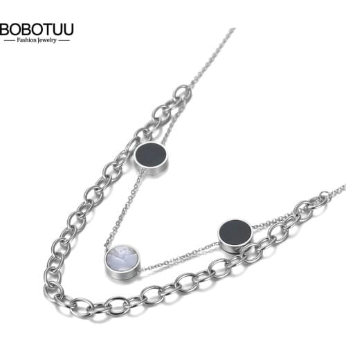 BOBOTUU Original Double Layer Round Pendant Necklace For Women Stainless Steel Bohemia Acrylic & Shell Choker Necklace BN20134