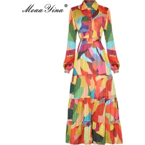 MoaaYina Fashion Designer Set Summer Women turn-down collar Long sleeve Vacation Blouses Tops+Skirt Color Print Two-piece set