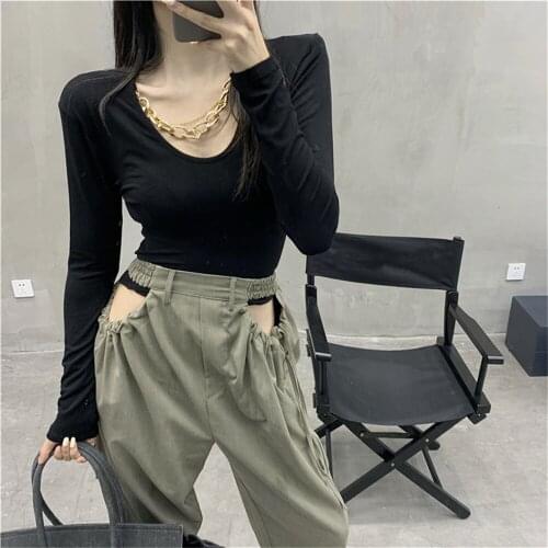 Alien Kitty Cotton Chain Sexy Slim T-Shirt Women New Pure Color Plus Size All Match 2021 Autumn Bottom Korea Stylish Hot Tops