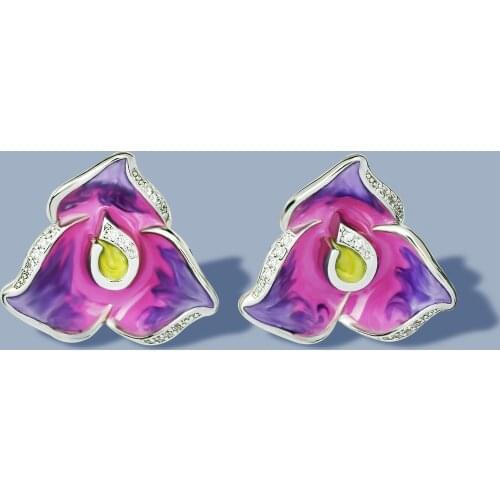 Exquisite and small ladies 925 white earrings nails purple flower earrings handmade enamel womens jewelry elegant party jewelry