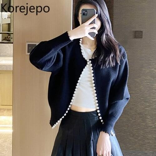 Korejepo Women Long-sleeved Cardigan Sweater 2021 Autumn New Sweet Gentle O-neck Pearl Beading Fashion Jacket Sweater Female Top