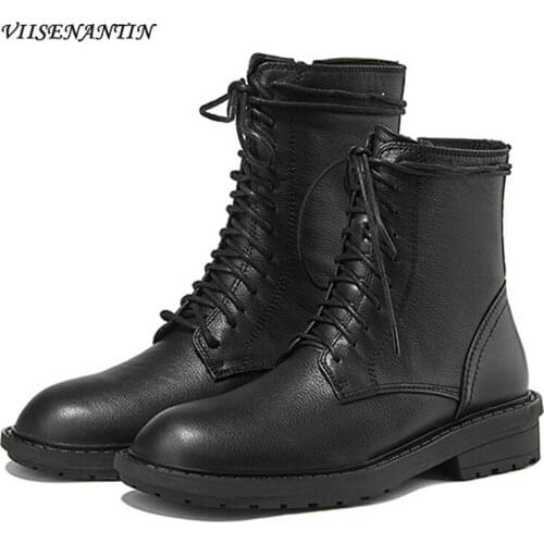 Leather Lace-up Martin Boots British Style Autumn and Winter Single Boots New Thick Heel Ankle Boots Handsome Motorcycle Boots