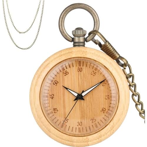 Pure Bamboo Wood Pocket Watch Quartz Movement Carving Arabic Numerals Display Round Wooden Pendant Clock Fob Bronze Chains