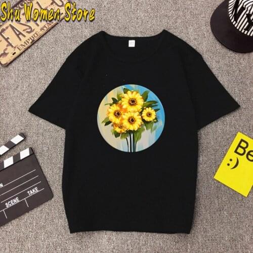 Summer Loose O-neck Women T Shirt Casual Short Sleeve Oil painting sunflower printing Tshirt Famous Painting Shout Scream T-shir
