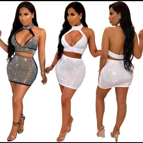 Summer Two Piece Set Sexy Diamond 2 Piece Set Women Hollow Out Crop Top And Skirt Set Matching Sets Backless Two Pieces Outfits